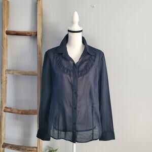 Mossimo Women's Black Sheer Button Down Shirt Cotton Ruffle Accent L
